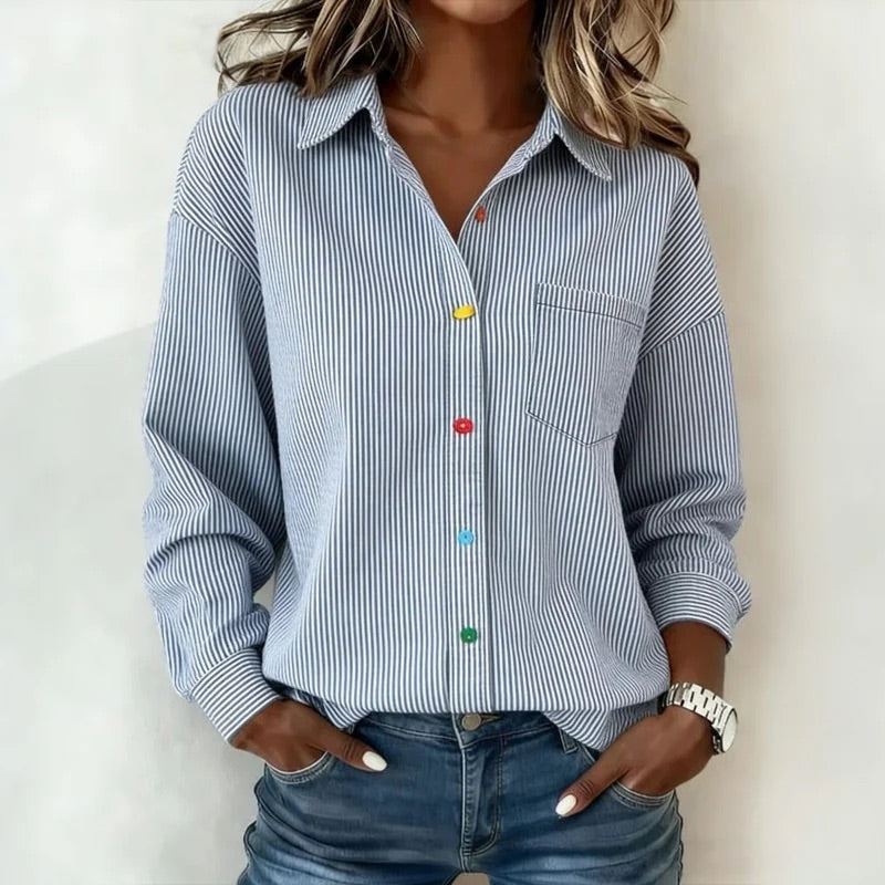 Veda Bremen Courtney casual striped blouse with long sleeves and relaxed fit, featuring blue and white horizontal stripes.