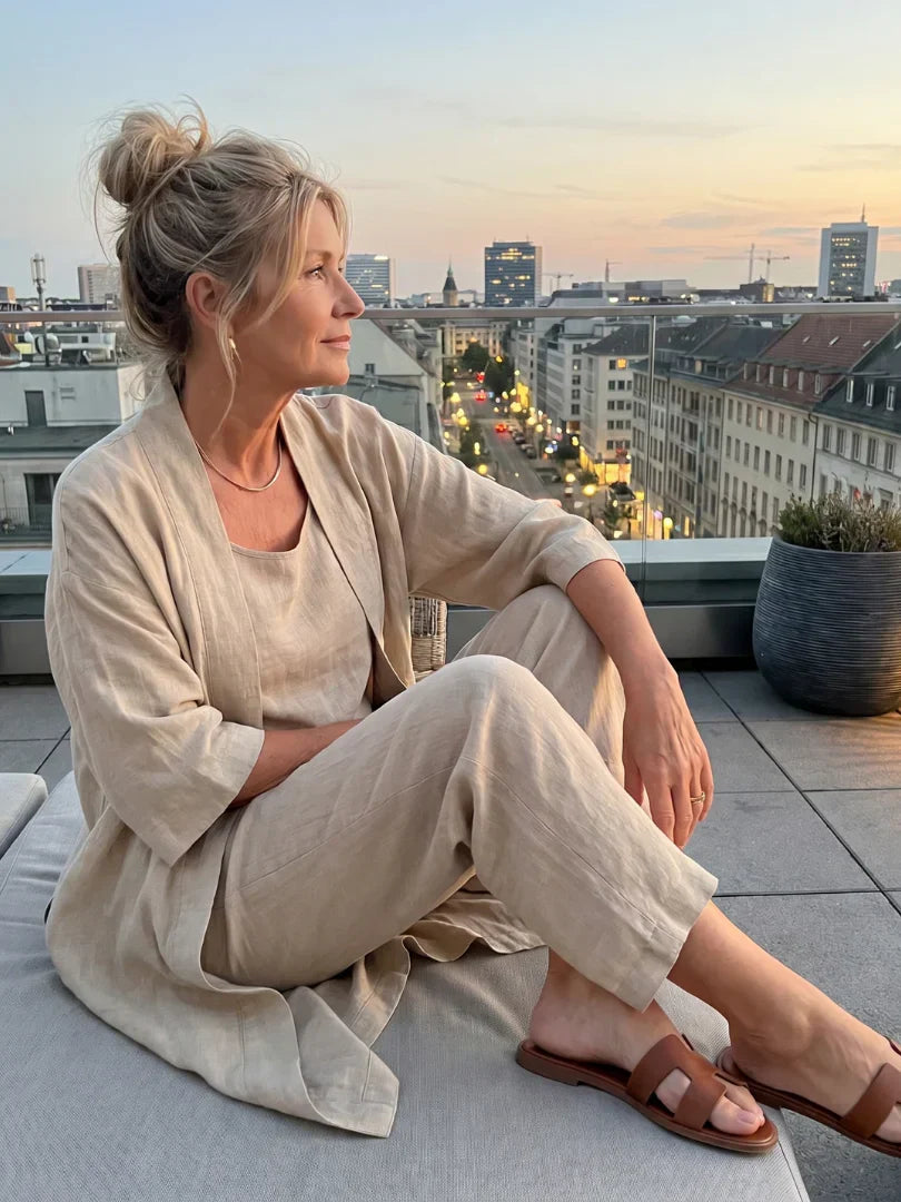 Veda Bremen Linnea lightweight linen set displayed on a hanger with soft, natural fabric and neutral tones.