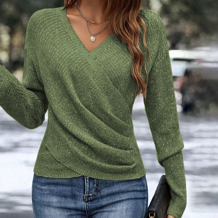 Army green Vee-Neck Wrap Top by Lurolondon, featuring a stylish wrap design and soft fabric, worn with casual accessories.