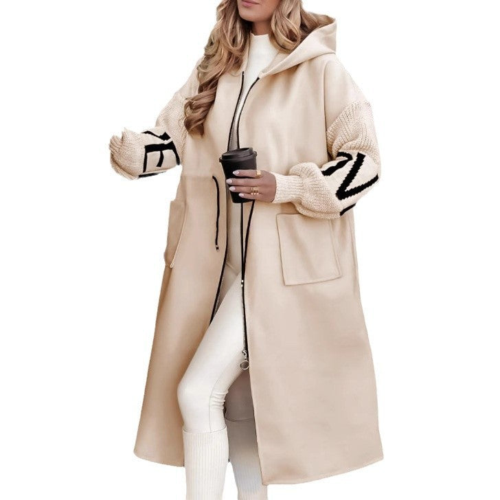 LuroLondon Roma Elegant Hooded Coatigan in apricot, stylish jacket with a hood, soft knit fabric, and relaxed fit.