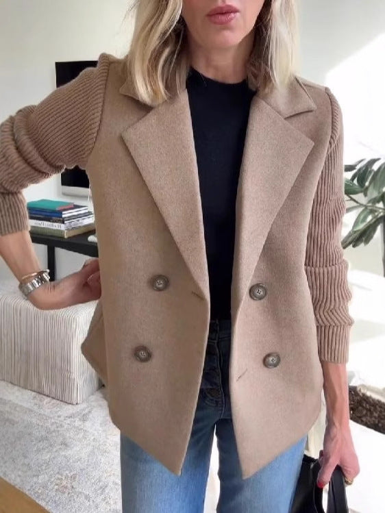 Brown Siena blazer by Lurolondon with knitted sleeves, tailored fit, and classic lapel, styled on a model.
