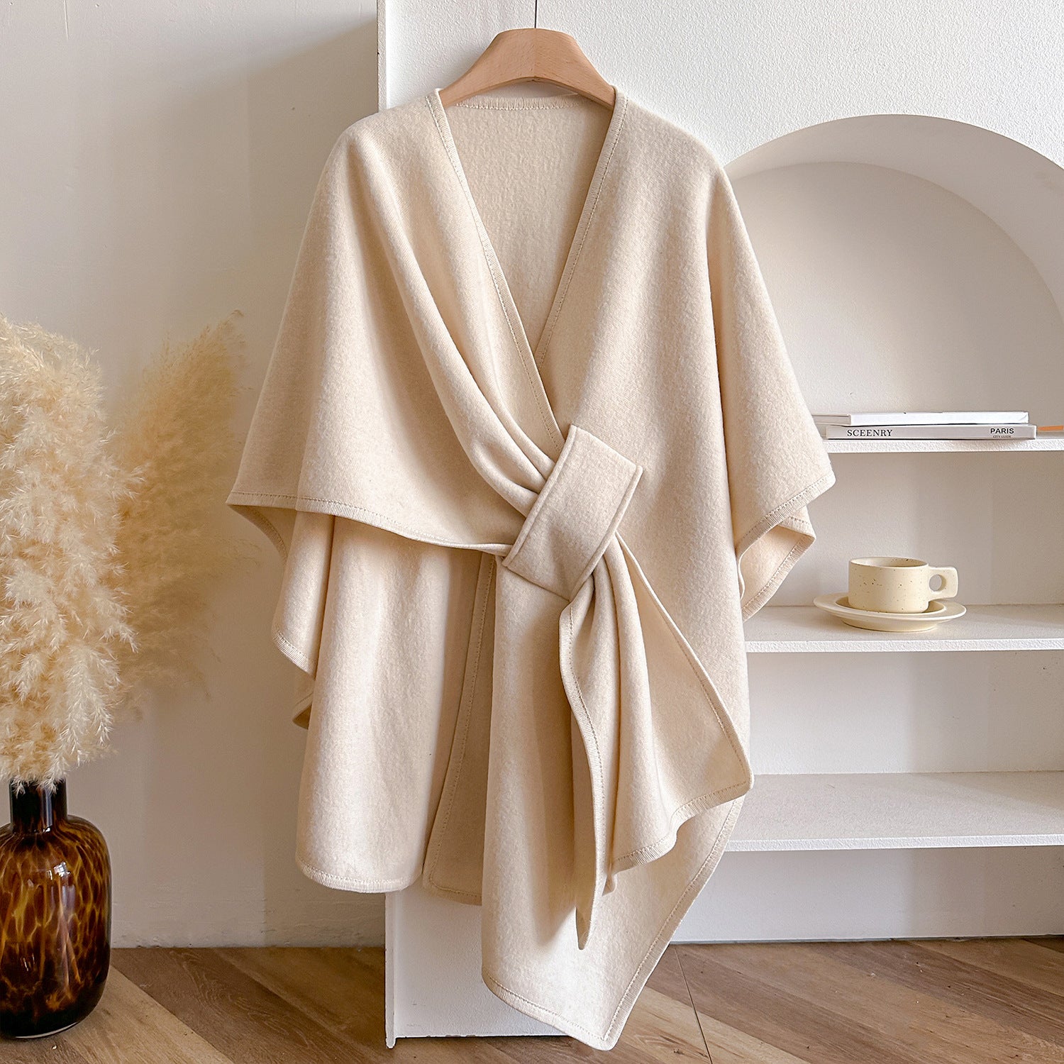 Beige The Pancho by Lurolondon.co.uk, stylish and cozy wrap or shawl with soft fabric and relaxed fit.