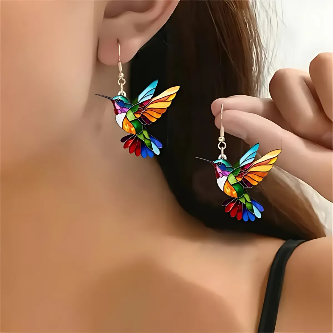 Veda Bremen beautiful hummingbird necklace with matching earrings, stylish jewelry set displayed on a card.