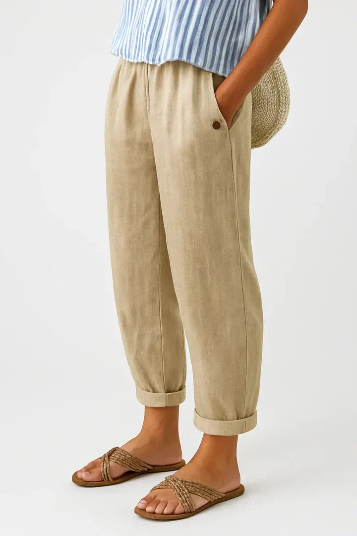 Veda Bremen Reyna casual pants in neutral fabric, relaxed fit, and comfortable waistband, perfect for everyday leisure wear.