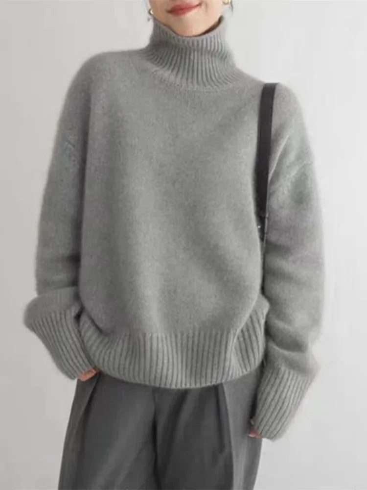 LuroLondon Marilou cashmere turtleneck sweater for women in cozy, pure wool knit, perfect for fall and winter wear.
