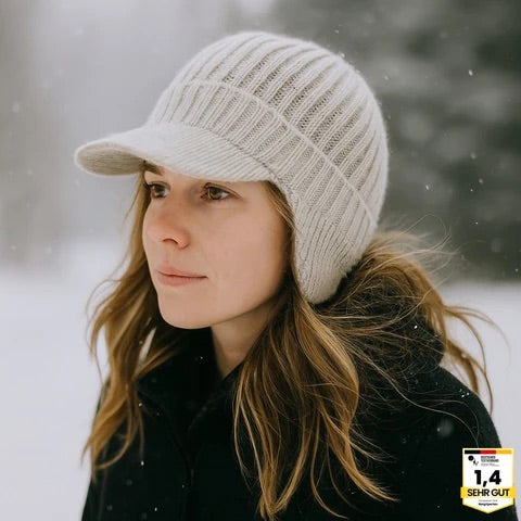 Fjordwarm Snuggler Winter Hat by Lurolondon.co.uk, cozy knit hat with pom-pom and ribbed design for cold weather warmth.