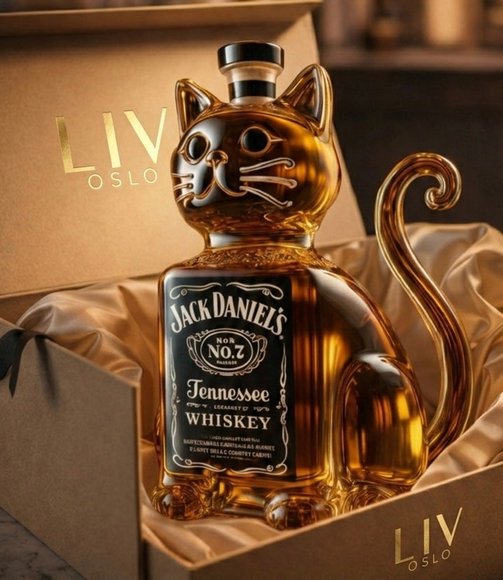 Veda Bremen Katzen Edition whisky bottle featuring a colorful cat-themed label and glass cap, full view of the decorative bottle.