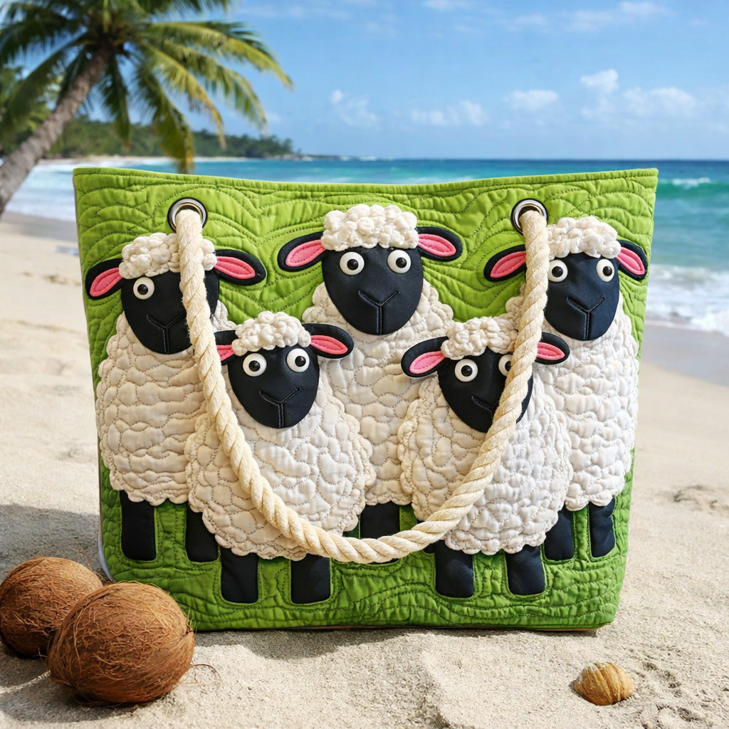 Veda Bremen Sheep Heaven quilted beach bag with stitched strand design, spacious and stylish for summer outings.