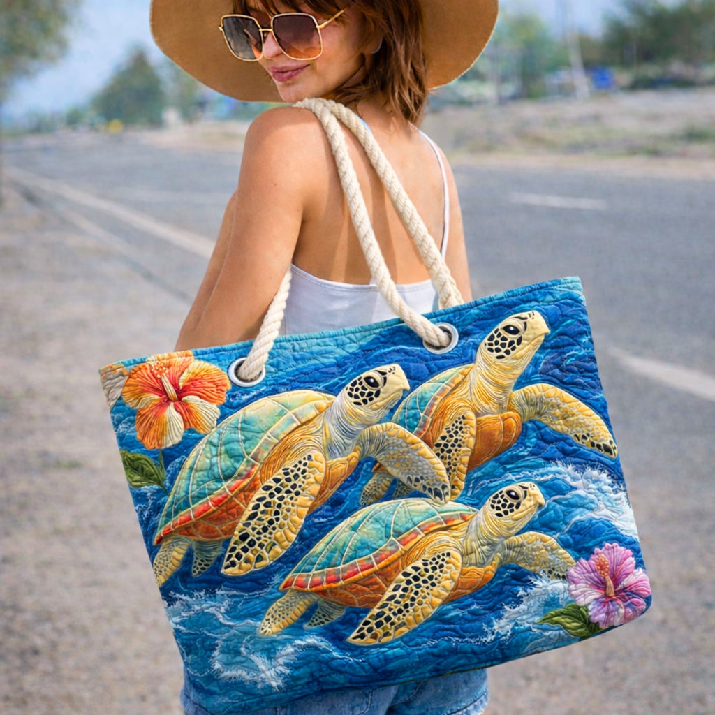 Veda Bremen quilted beach bag featuring a sea turtle design, perfect for carrying essentials to the beach or poolside.