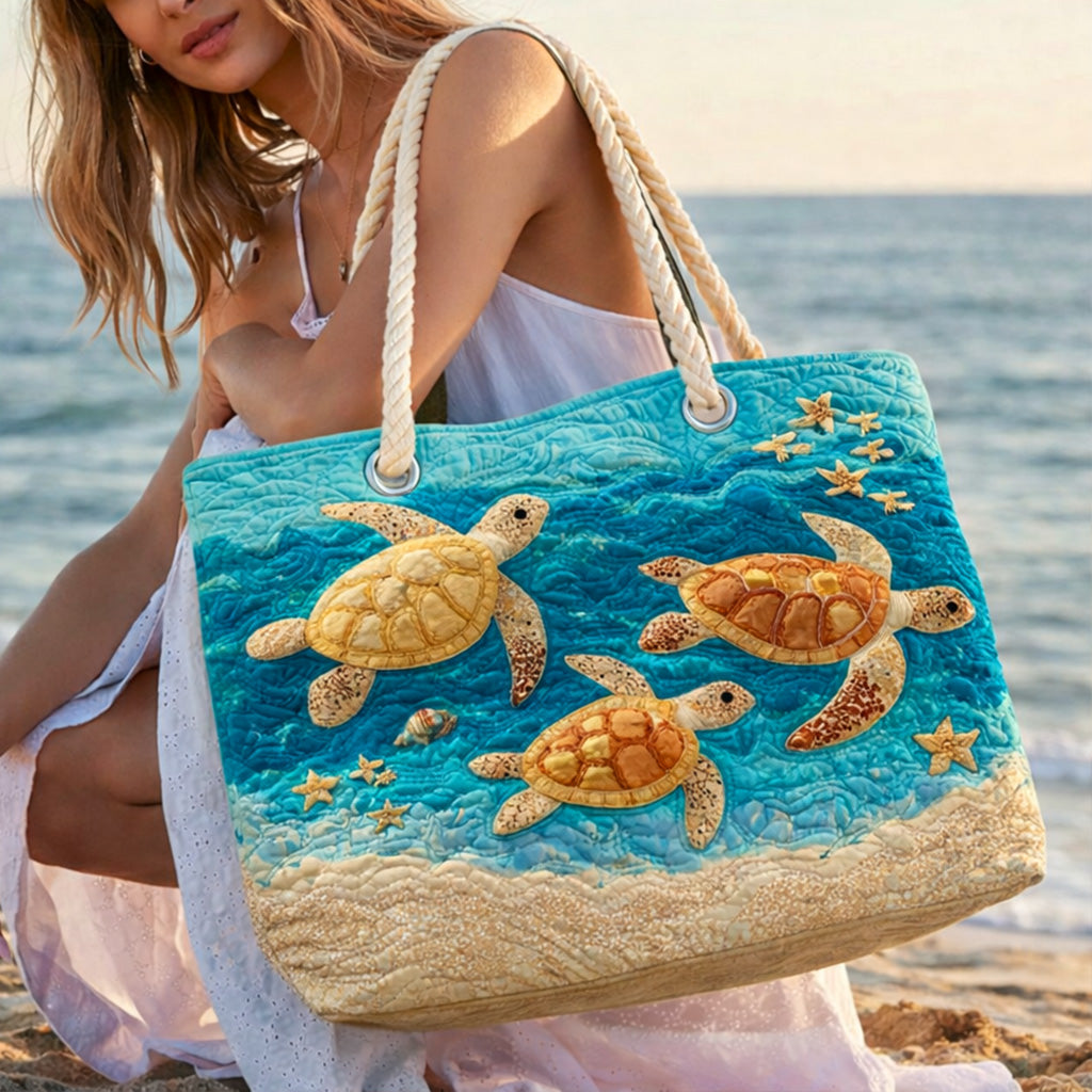 Veda Bremen Golden Turtle Shore quilted beach bag with gold turtle design, spacious for beach essentials, stylish and functional.