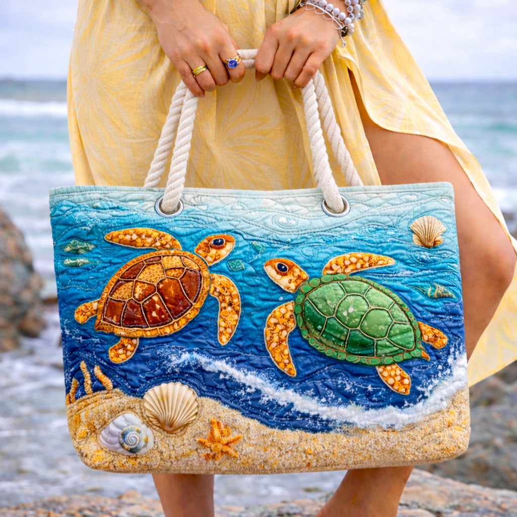 Quilted tropical turtle beach bag by Veda Bremen with palm leaf design, perfect for carrying essentials to the beach.