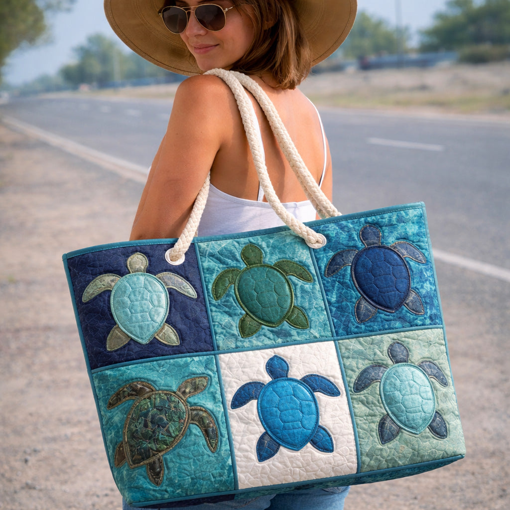 Blue quilted turtle beach bag by Veda Bremen featuring a textured, woven design, perfect for seaside outings.