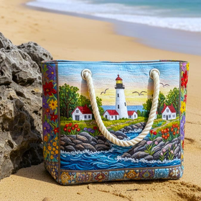 Veda Bremen Lighthouse Glow quilted beach bag with stitched pattern, spacious design, perfect for seaside outings.