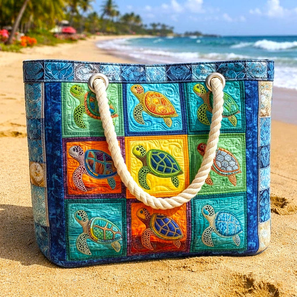 Veda Bremen Turtle Calm quilted beach bag with turtle pattern, spacious design, and sturdy handles for seaside outings.