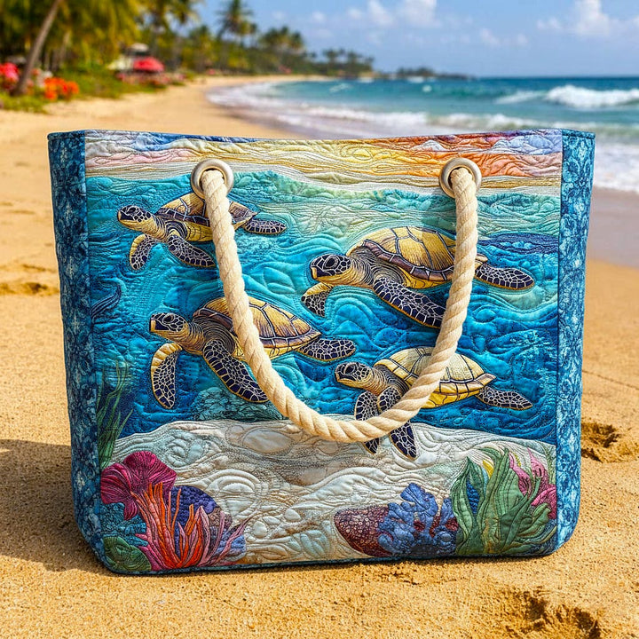 Veda Bremen quilted beach bag featuring a sea turtle design, durable fabric, and spacious interior for beach essentials.