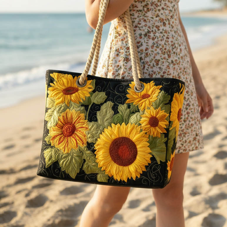 Veda Bremen quilted sunflower beach bag with sturdy handles, stylish for carrying essentials to the beach or poolside.