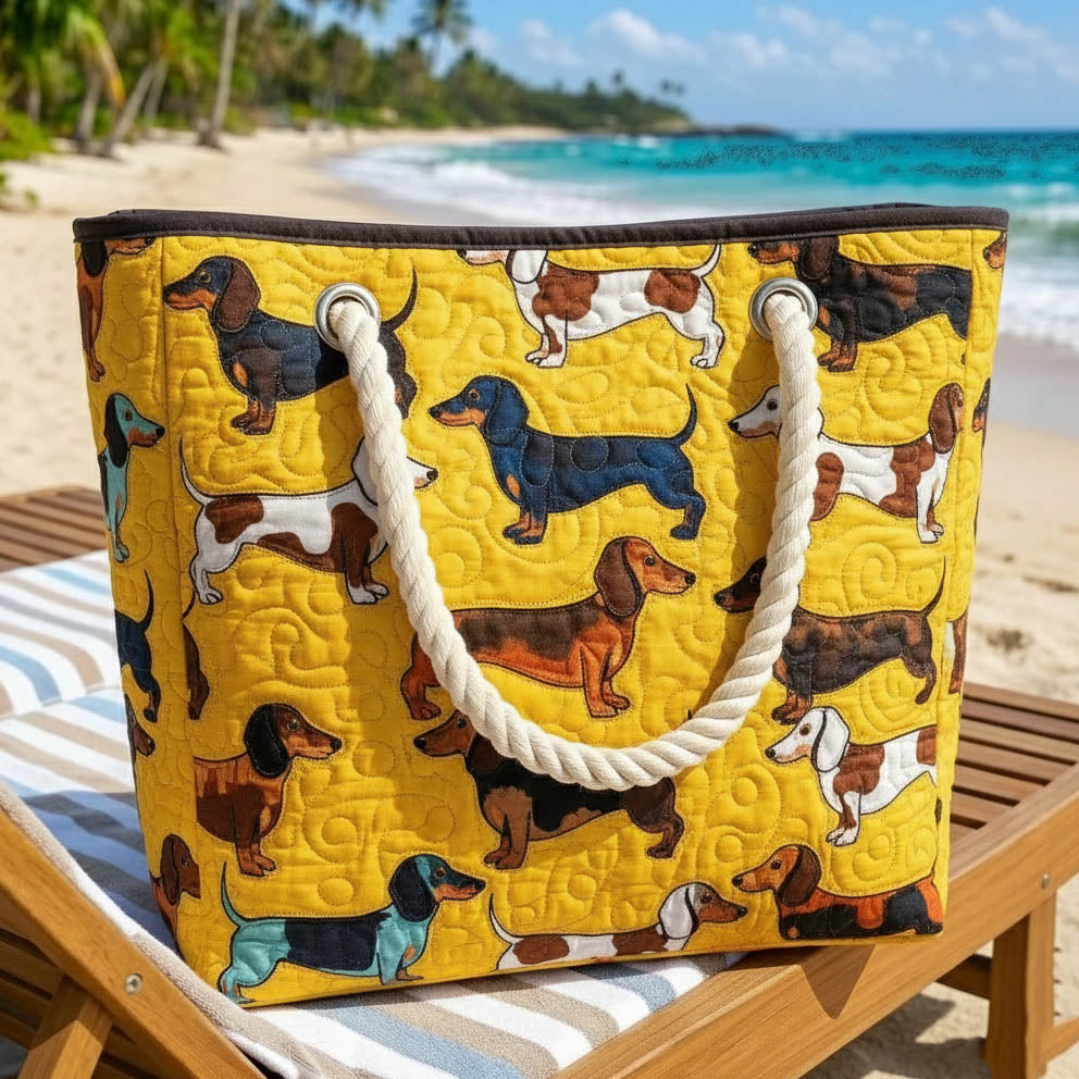 Veda Bremen quilted beach bag featuring playful sausage dog pattern, compact and stylish for seaside outings.