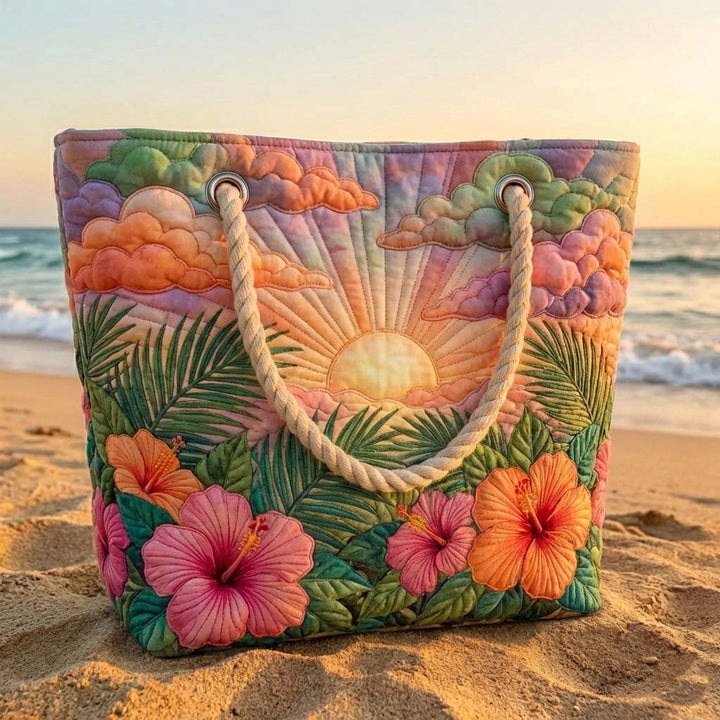 Veda Bremen Tropical Sunrise quilted beach bag with vibrant tropical print and spacious design for beach or poolside use.
