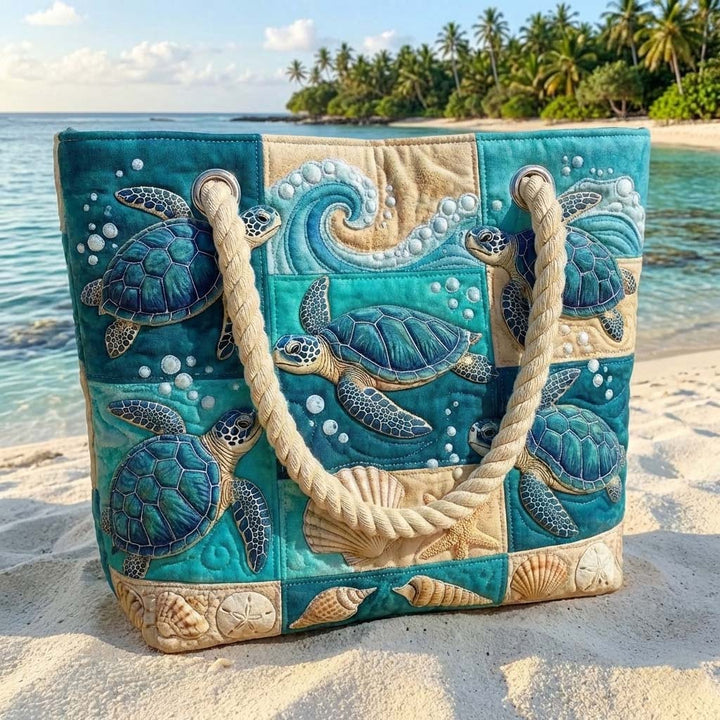 Veda Bremen Turtle Bay quilted beach bag with woven handles, spacious interior, perfect for seaside days and summer outings.