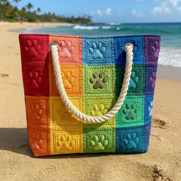 Veda Bremen quilted beach bag with paw patch design, featuring a spacious woven straw style for seaside outings.