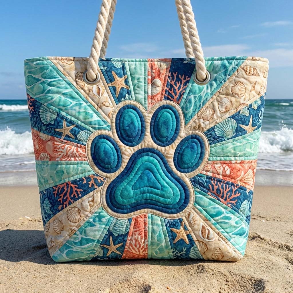 Veda Bremen quilted beach bag with paw patch design, spacious woven tote for seaside or casual outings.