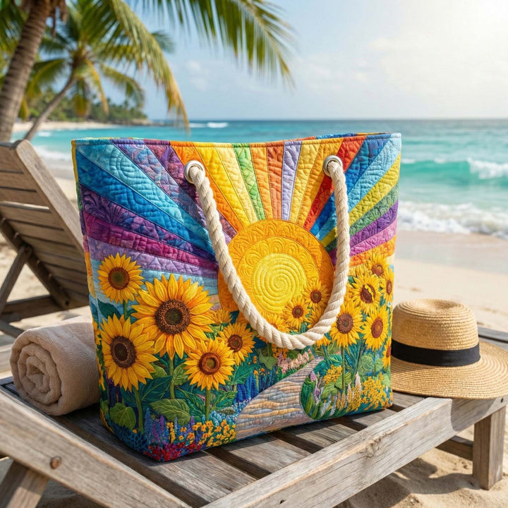 Veda Bremen quilted rainbow beach bag with colorful rainbow pattern and sturdy handles, perfect for seaside outings.