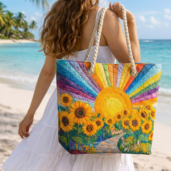 Veda Bremen quilted rainbow beach bag with colorful rainbow pattern and spacious design for summer beach trips.
