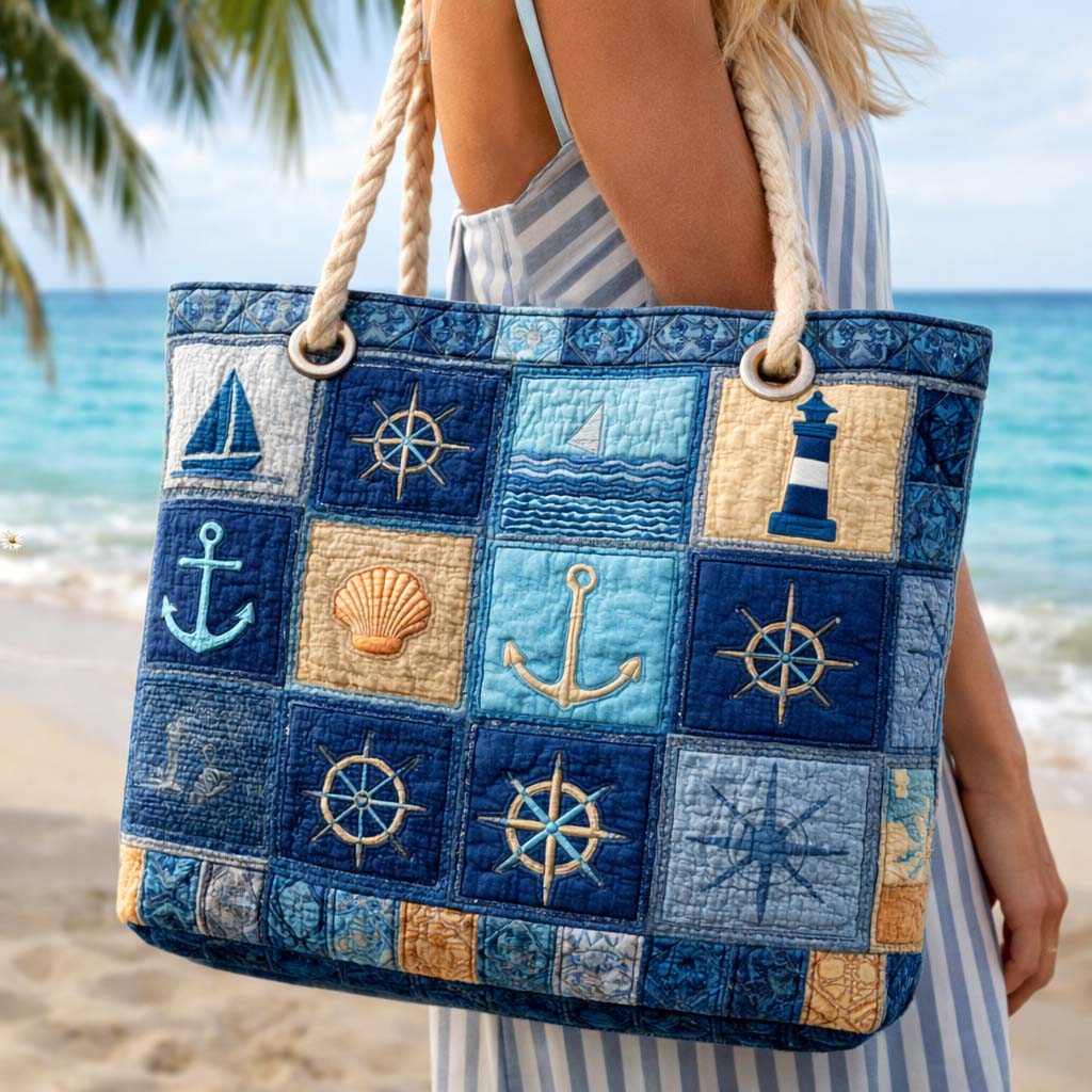Blue quilted Veda Bremen nautical beach bag with sturdy handles, perfect for carrying essentials to the seaside.
