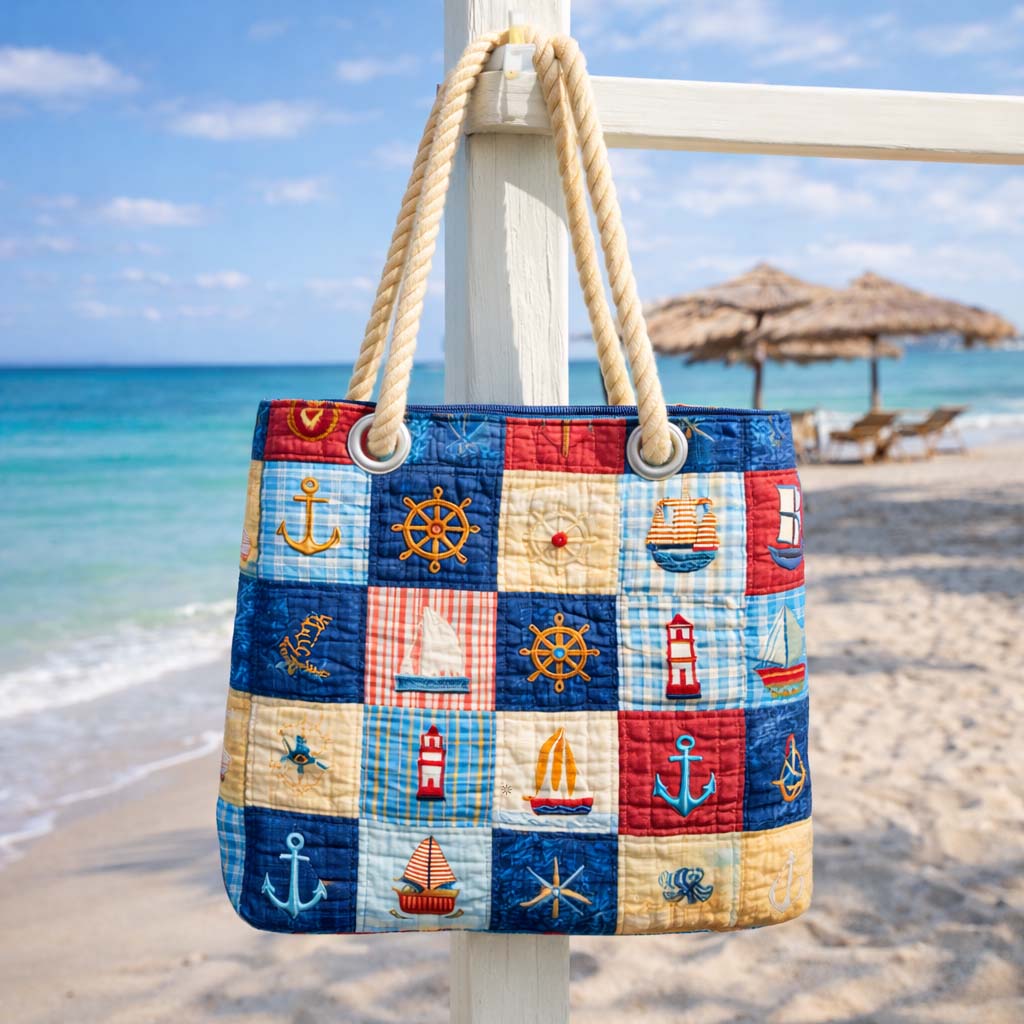 Veda Bremen quilted Marine Patchwork beach bag with stitched stripe design, spacious and stylish for seaside outings.