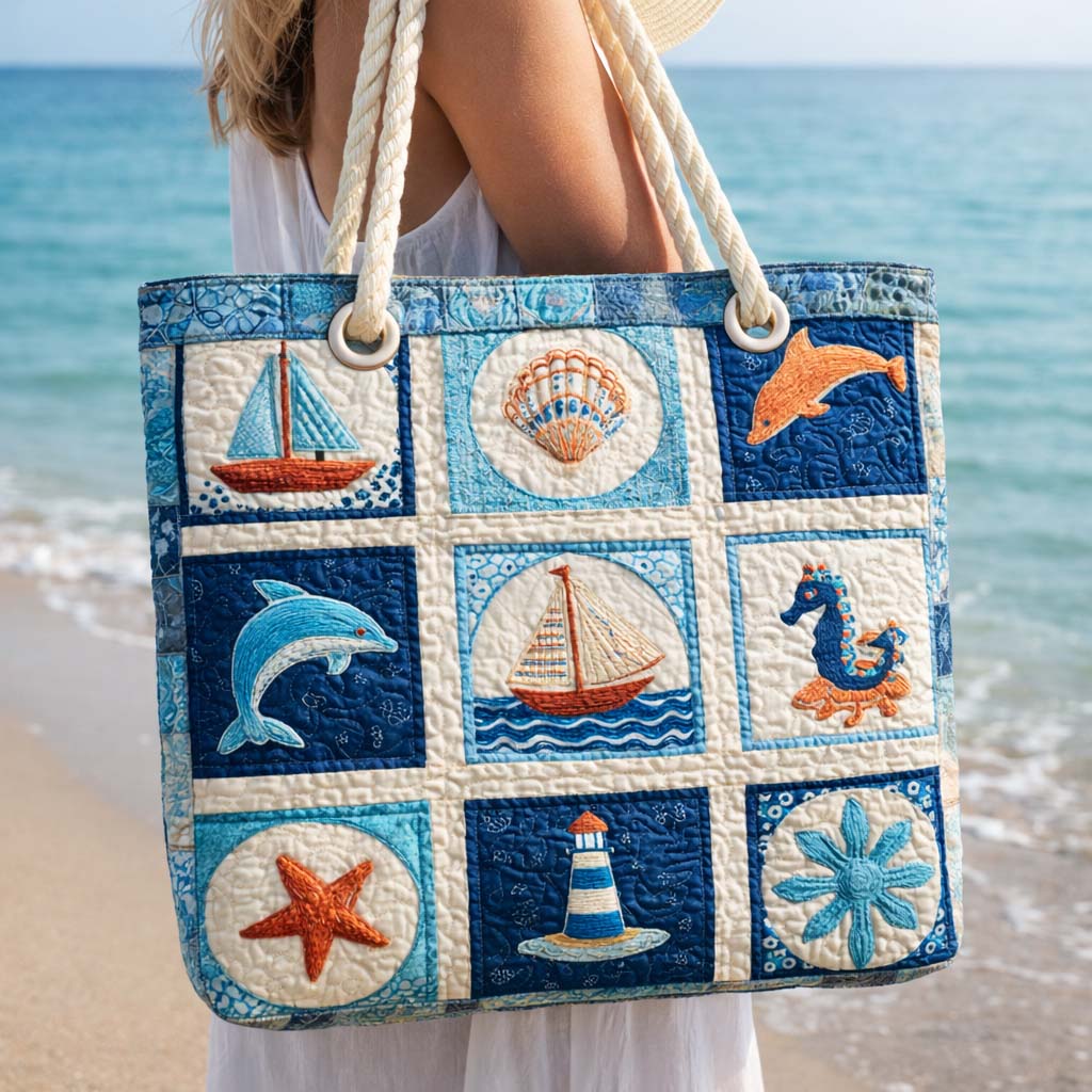 Veda Bremen quilted beach bag featuring marine creatures design, spacious for beach essentials, with a textured pattern.