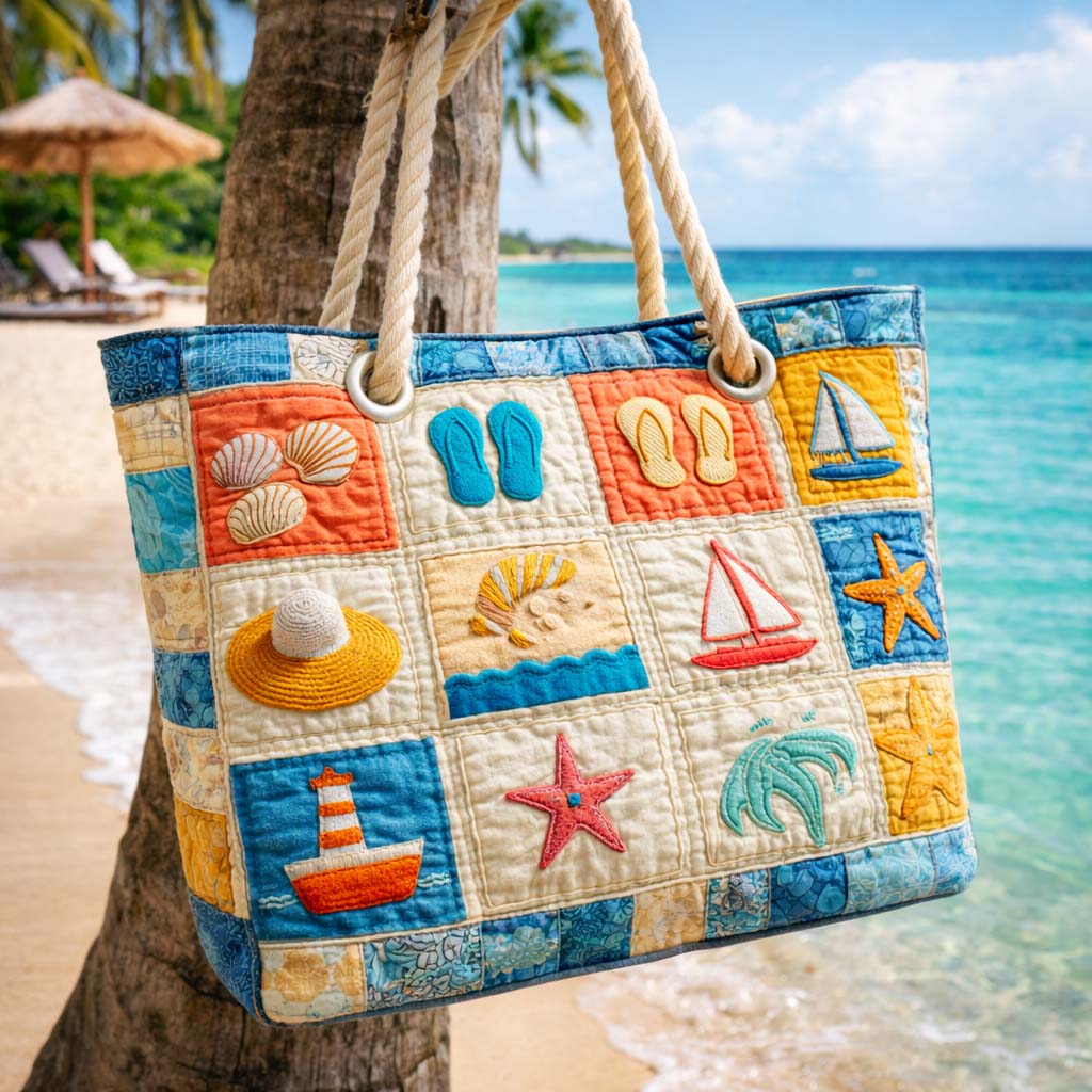Veda Bremen quilted beach bag with stitched pattern, large open main compartment, ideal for carrying beach essentials.
