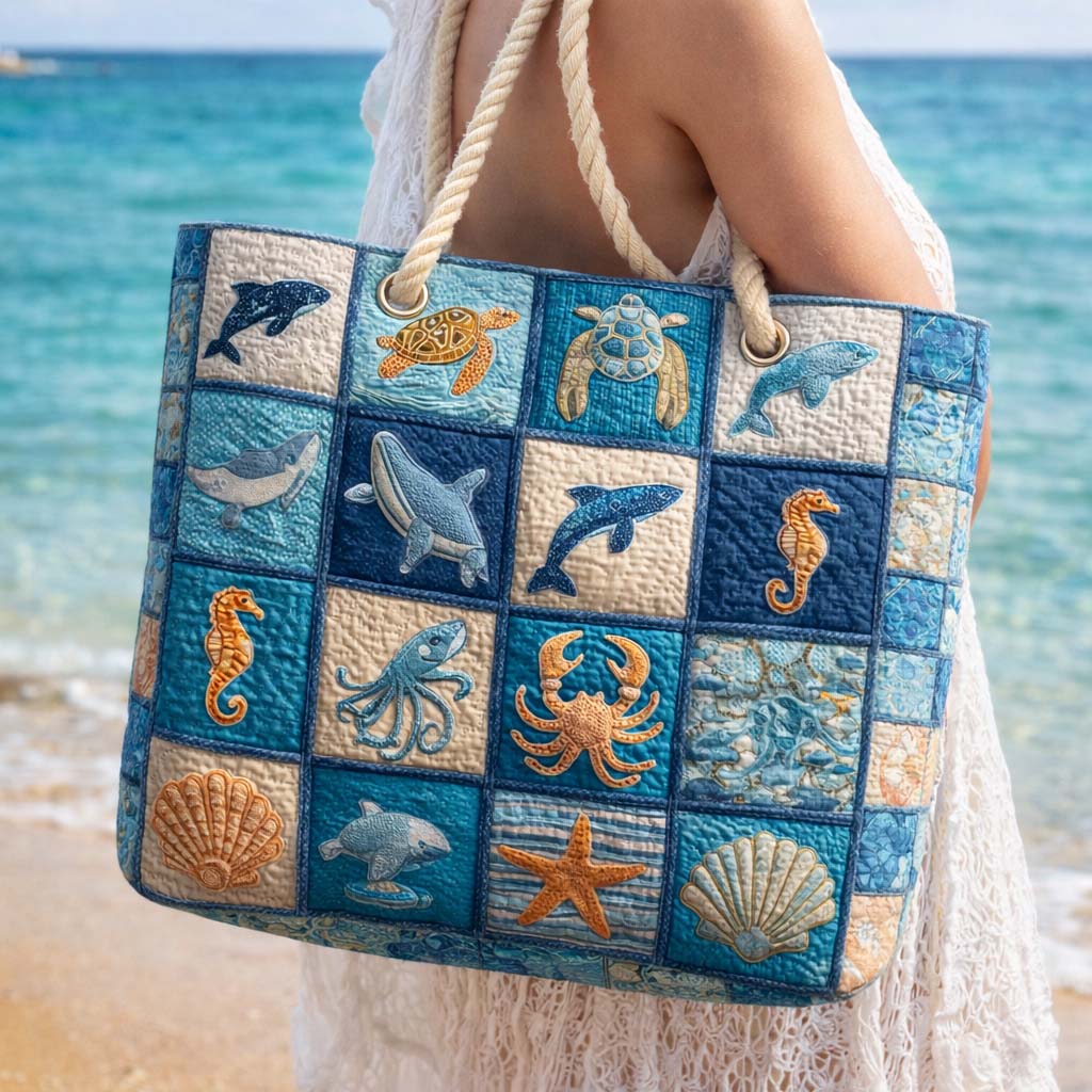 Veda Bremen quilted marine life beach bag featuring colorful marine creature embroidery, spacious for beach essentials