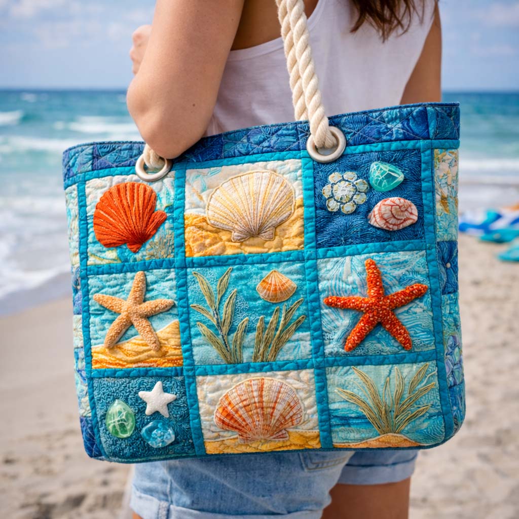 Veda Bremen quilted beach bag with coastal seashell embellishments, perfect for seaside outings and summer days.