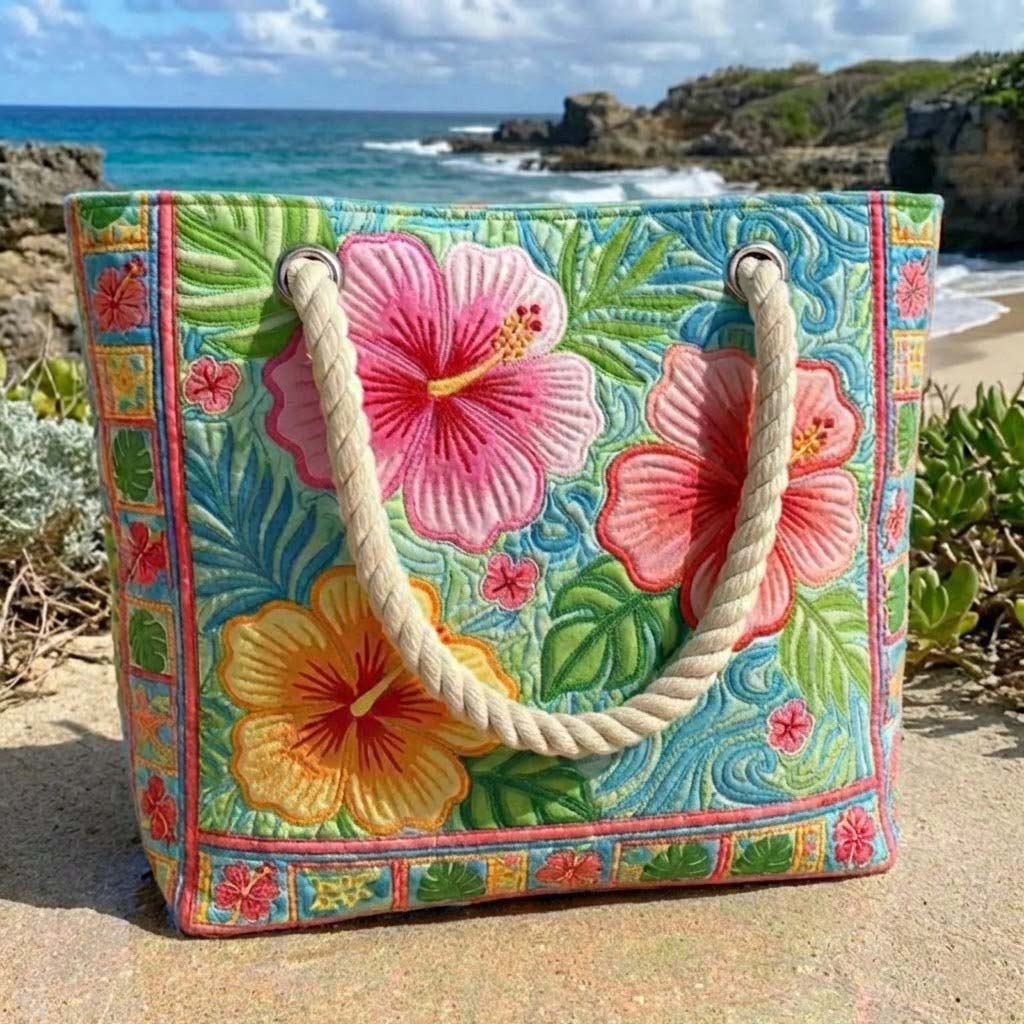 Veda Bremen Tropical Vibes quilted beach bag with tropical print, spacious and stylish for summer beach outings.
