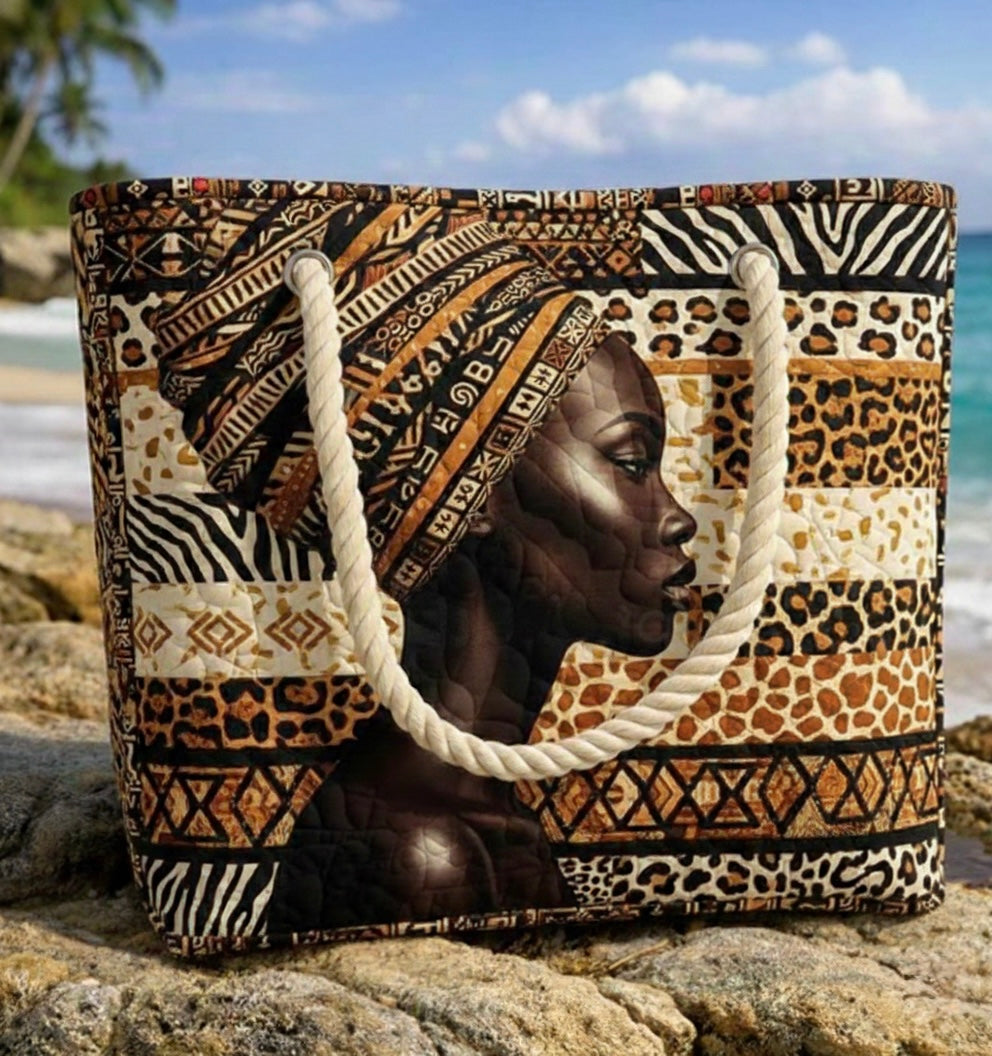 Veda Bremen Melanin Queen quilted beach bag with textured design, spacious for beach essentials, stylish and durable for summer outings.