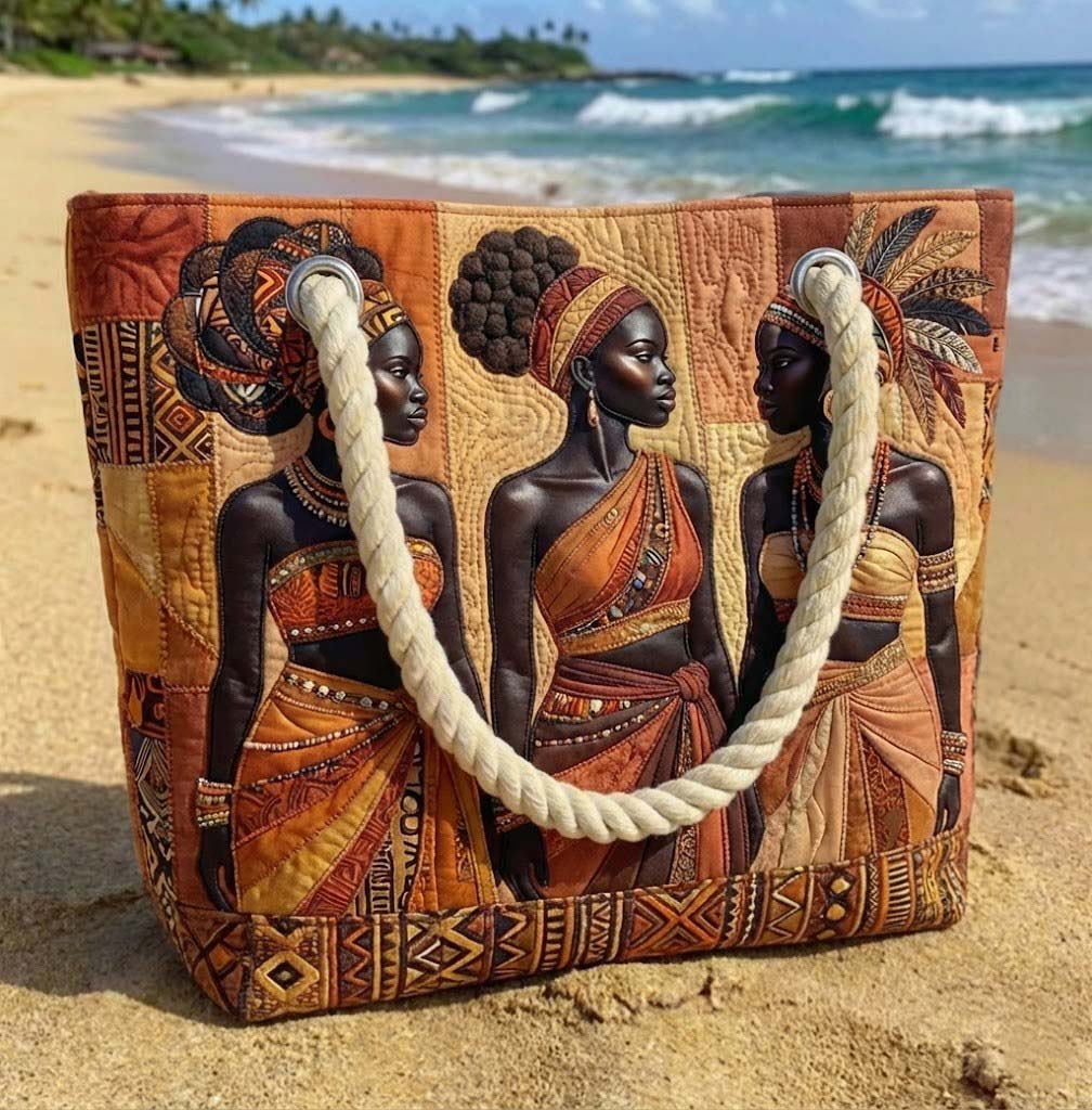 Veda Bremen Melanin Queens quilted beach bag with a stylish strandtasche design, featuring a spacious interior and padded quilted exterior.