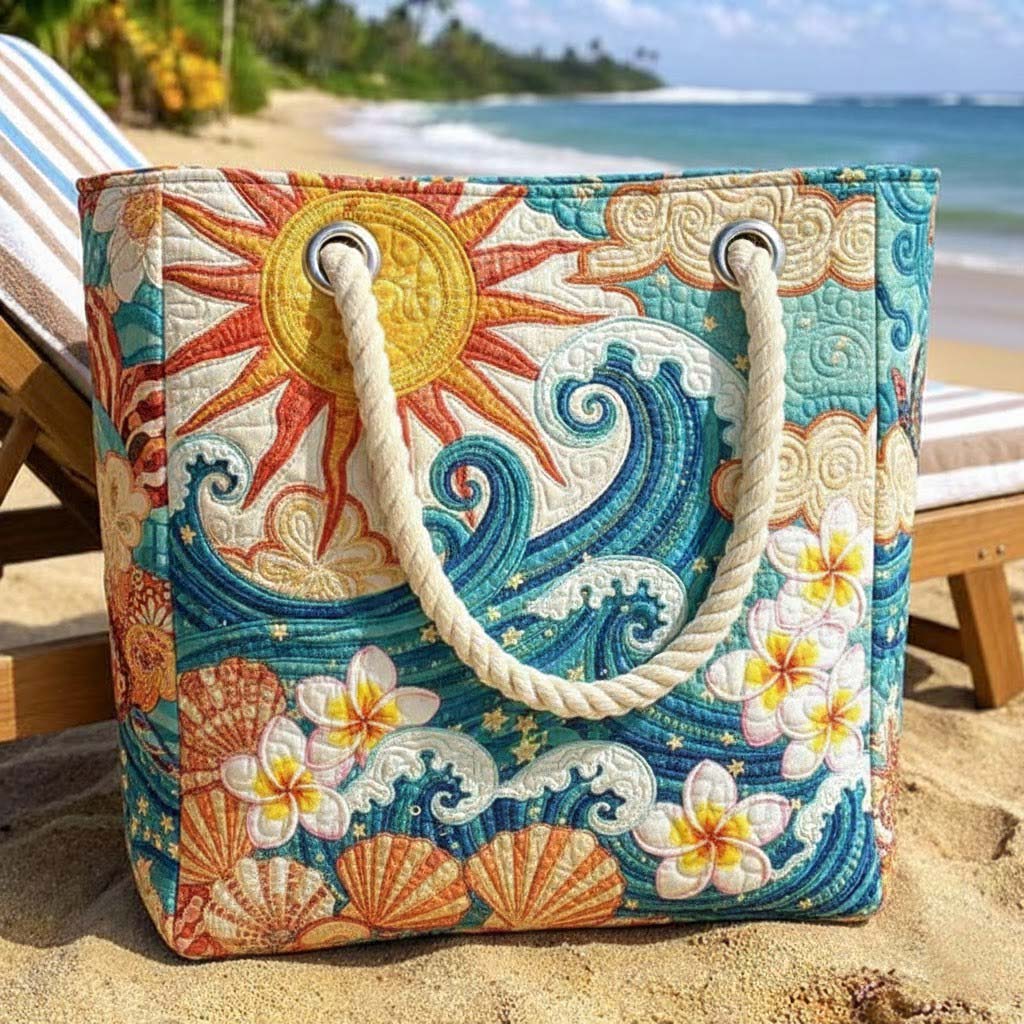 Veda Bremen Warm Halo quilted beach bag with stitched pattern, spacious design, ideal for carrying essentials to the beach.