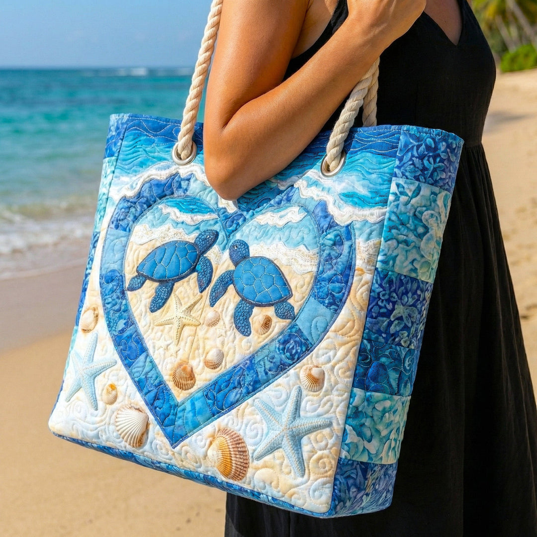 Veda Bremen Turtle Serenity quilted beach bag with turtle design, spacious straw-style straw tote for summer beach days