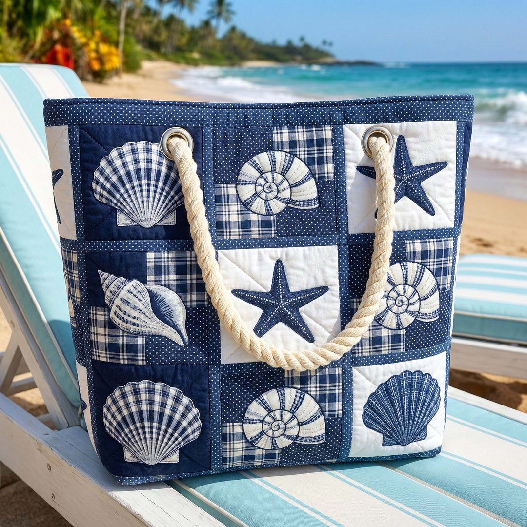 Veda Bremen Shell Serenity quilted beach bag with shell pattern, spacious design, and sturdy handles for seaside outings.