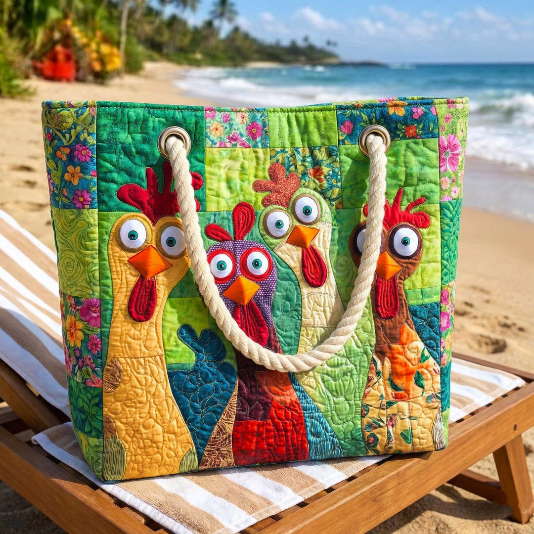 Veda Bremen Funky Chicken quilted beach bag with woven handles, stylishly displayed on a sandy beach.