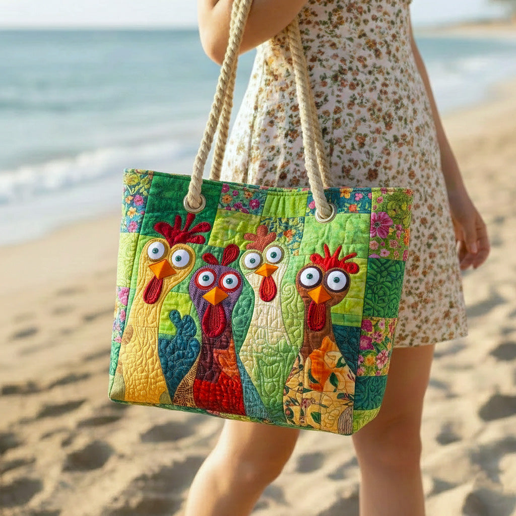 Veda Bremen Funky Chicken quilted beach bag with colorful chicken pattern, large straw handles, and spacious interior for beach essentials.