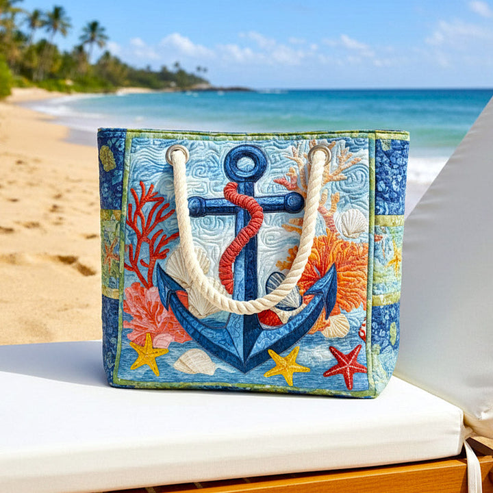 Veda Bremen quilted beach bag with nautical anchor design, featuring a sturdy strap and spacious interior for seaside essentials.