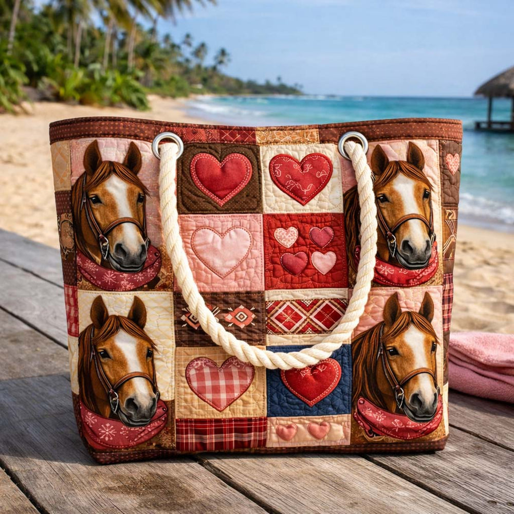 Veda Bremen Prairie Runner quilted beach bag with woven handles, stylish and spacious for carrying beach essentials.