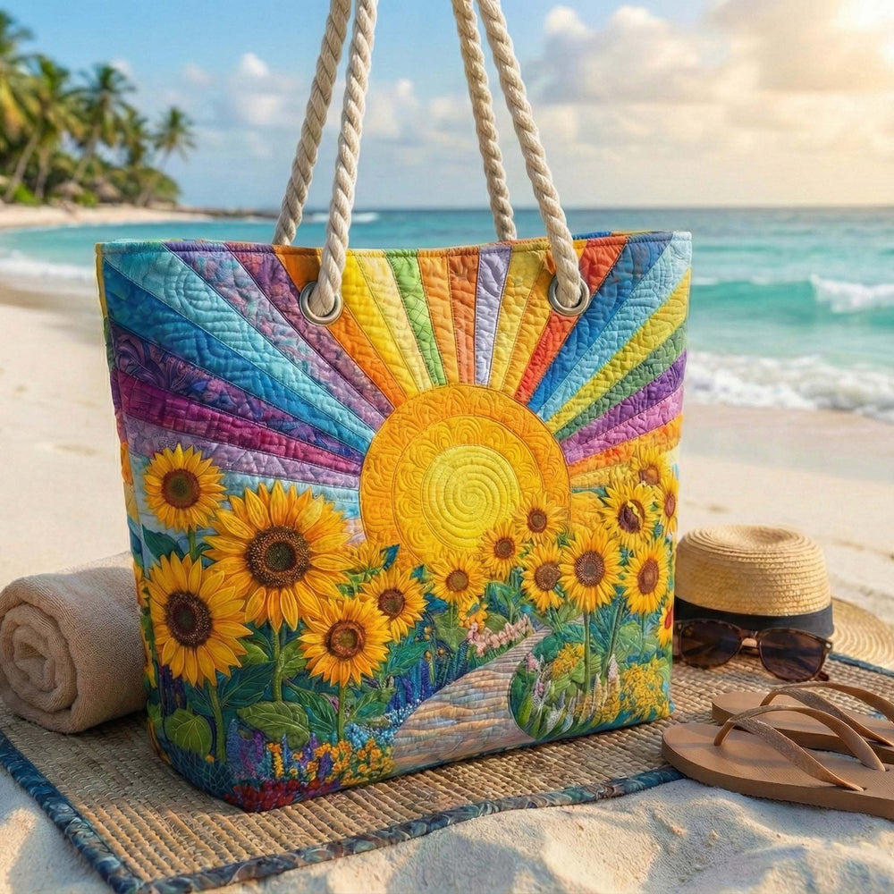 Veda Bremen quilted rainbow beach bag with colorful rainbow pattern and spacious design for seaside accessories.