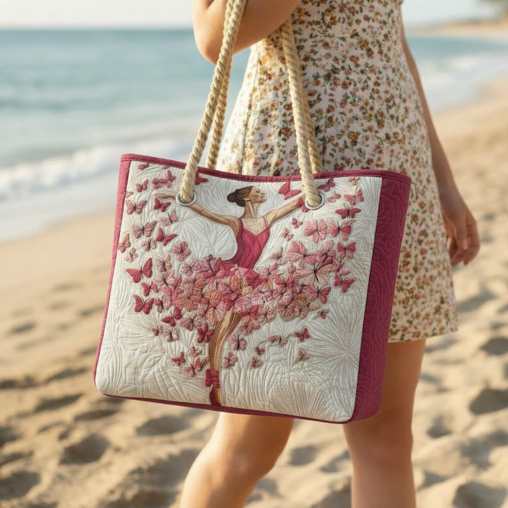 Veda Bremen quilted beach bag with elegant ballerina gesture design, featuring a stylish and spacious straw-textured tote.