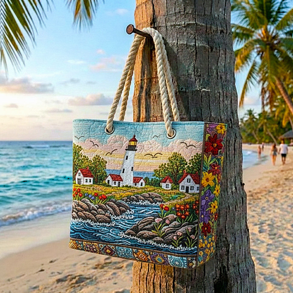 Veda Bremen Lighthouse Glow quilted beach bag with striped handles and spacious interior for seaside essentials.