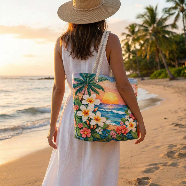 Quilted tropical vibe beach bag by Veda Bremen with colorful pattern, spacious design, perfect for summer and beach outings.