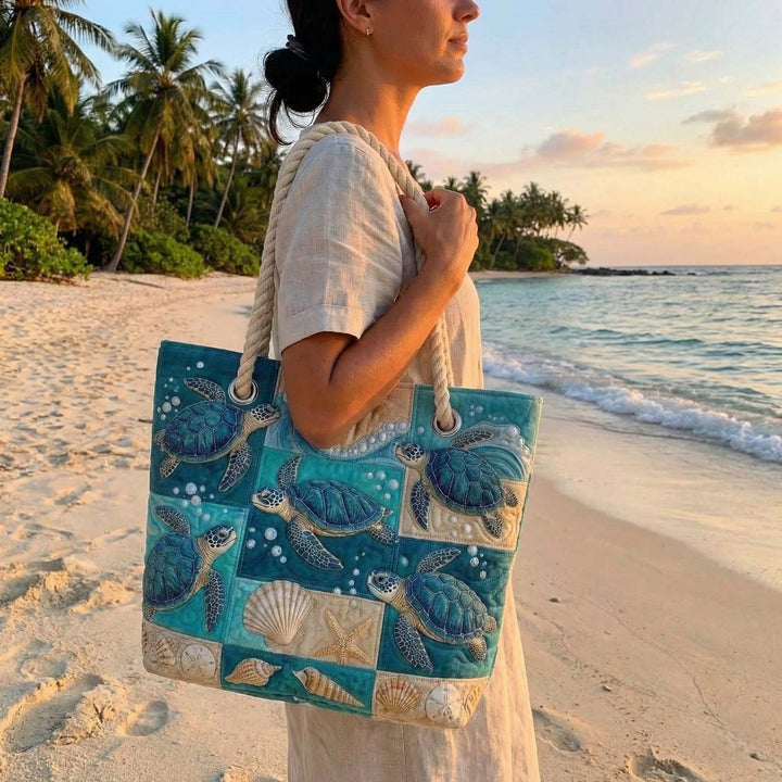 Veda Bremen Turtle Bay quilted beach bag with textured, stitched design and spacious interior for beach essentials.