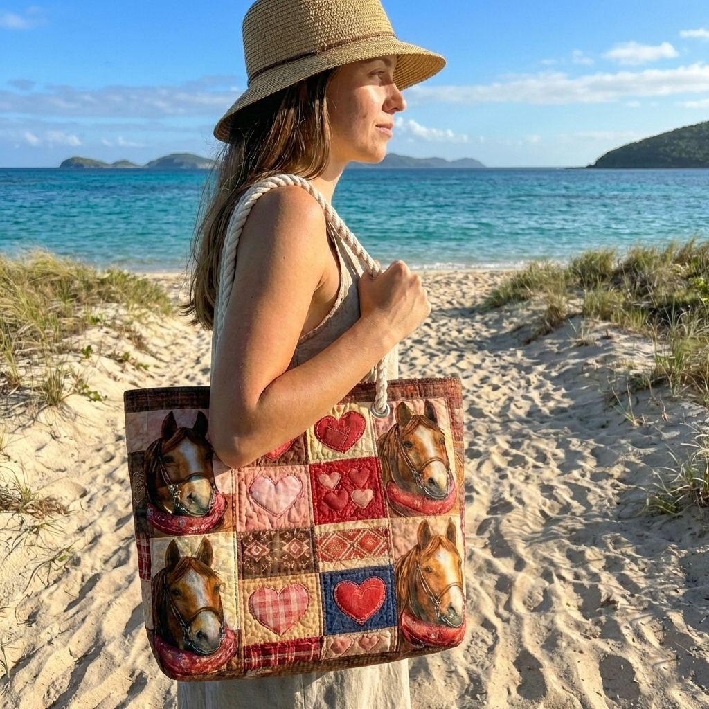 Veda Bremen Prairie Runner quilted beach bag with sturdy handles and woven pattern, perfect for seaside outings.