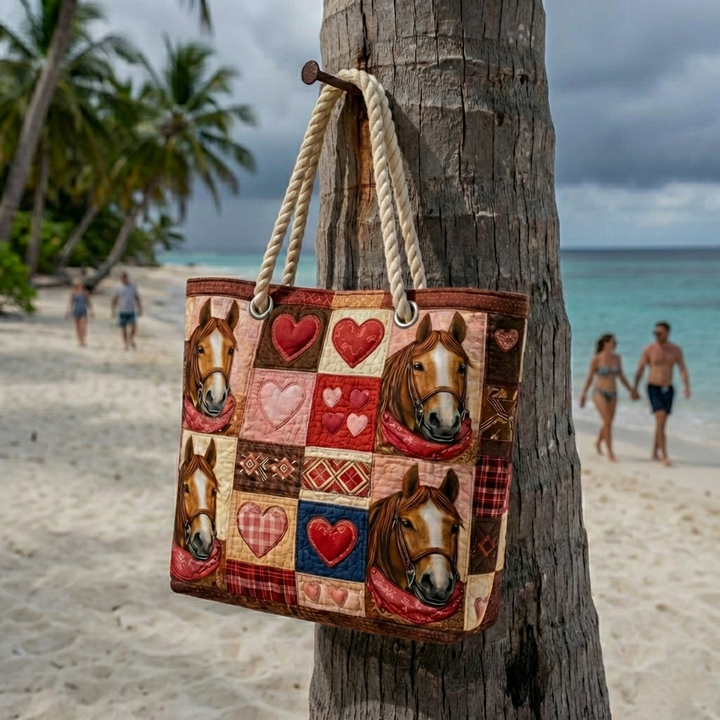Veda Bremen Prairie Runner quilted beach bag with sturdy handles, perfect for seaside outings and casual summer days.